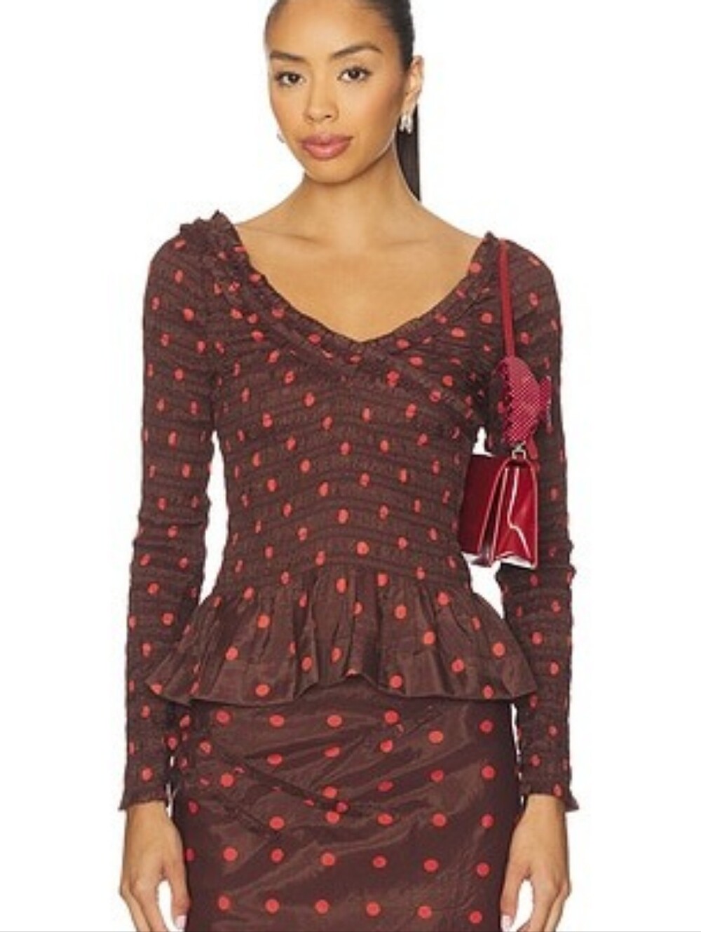 Long-Sleeve Brown Peplum Blouse with Red Polka Dots